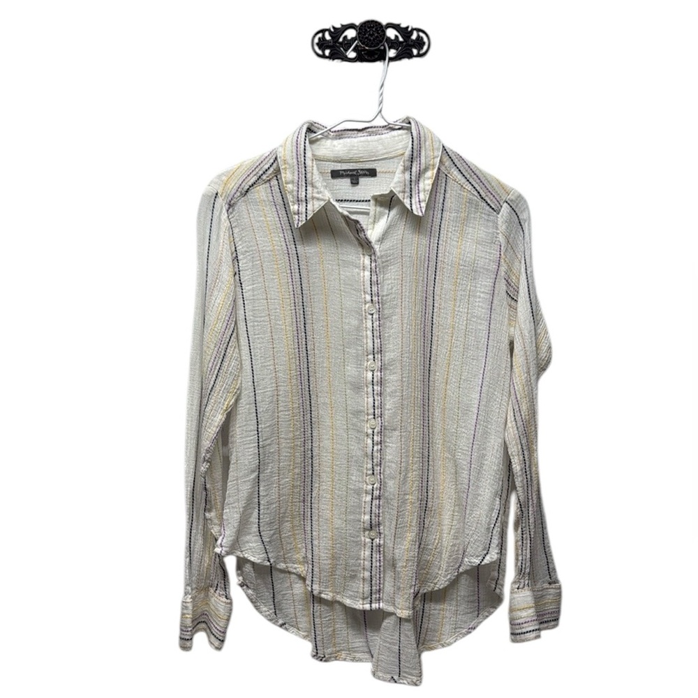 Michael Stars white striped embroidered gauzy button down shirt cotton rayon L